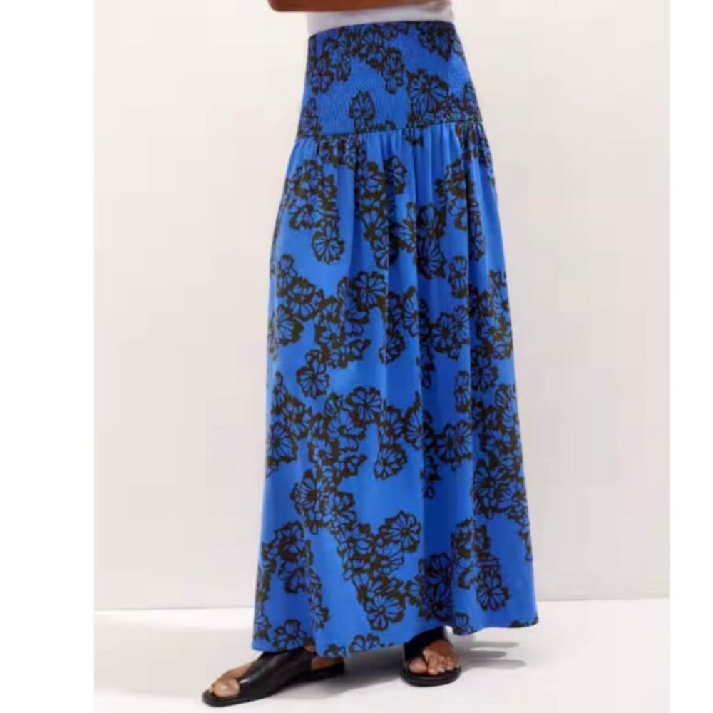 ME+EM Stencil Bloom Cobalt Blue Tiered Smocked Waist Maxi Skirt Size 8